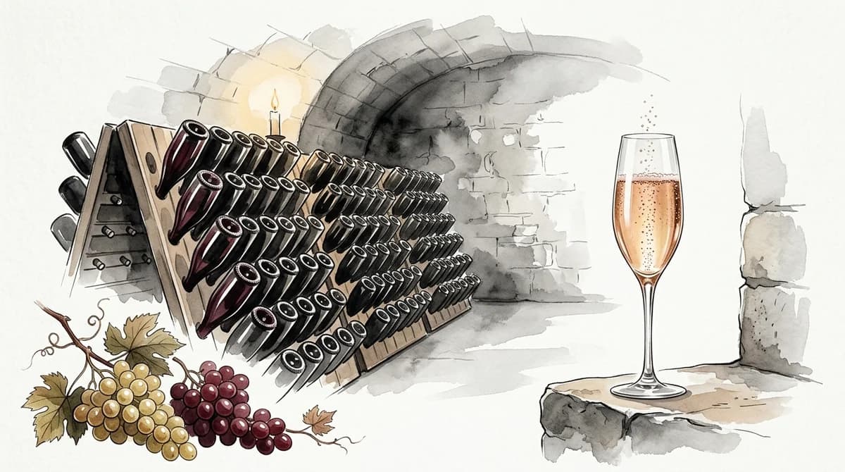 シャンパーニュ地下セラーのピュピトルと熟成ボトル