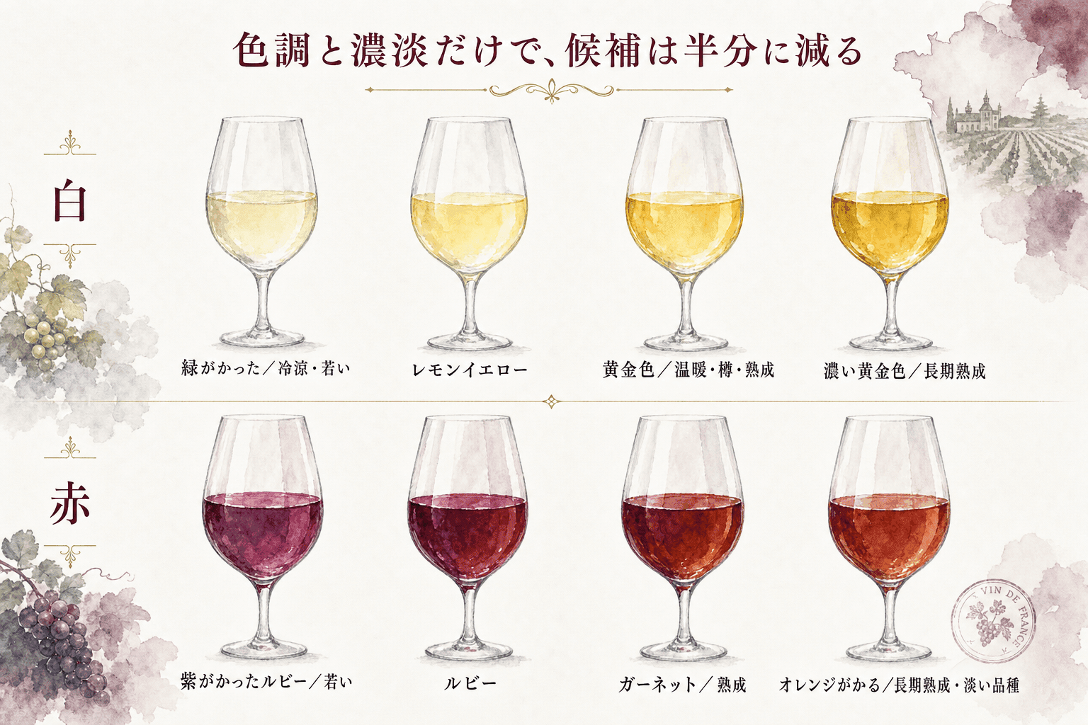 白ワインと赤ワインの色調グラデーション