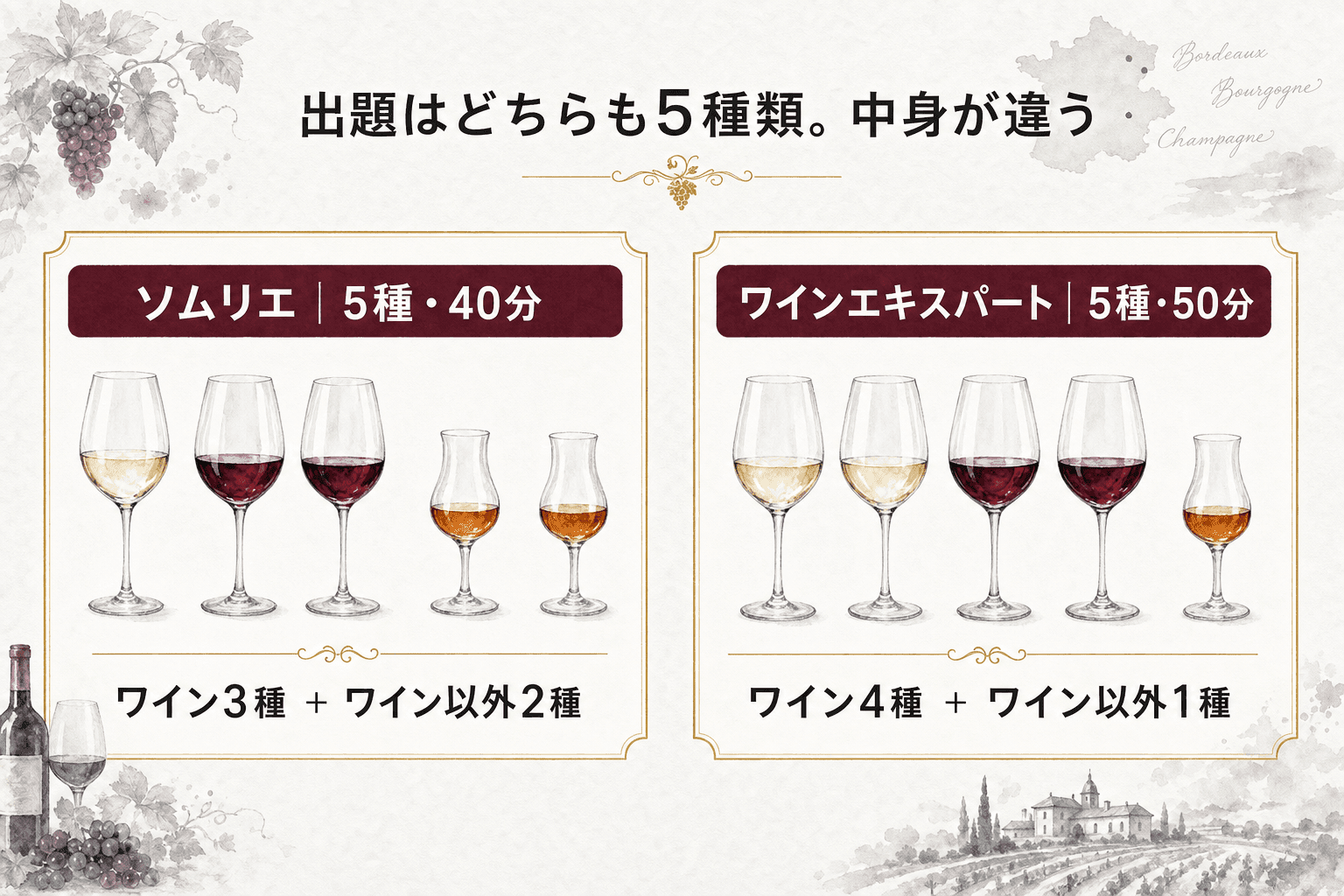 ソムリエとワインエキスパートの出題構成の違い