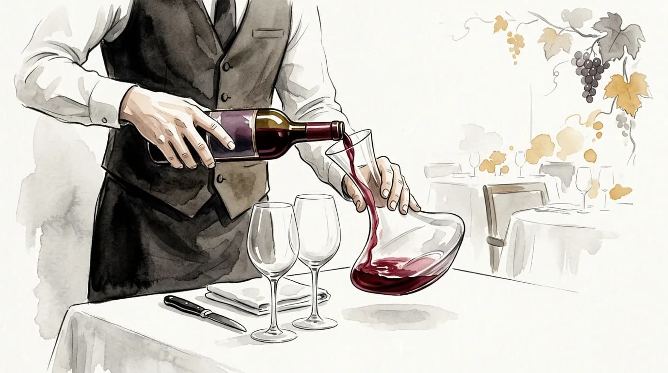 ソムリエがワインをデキャンタに注ぐサービスシーン